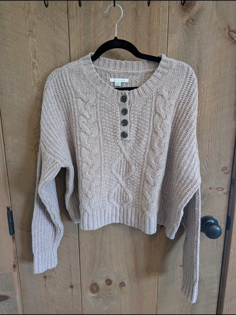 American Eagle Outfitters Cable-Knit Henley Sweater in Light Taupe